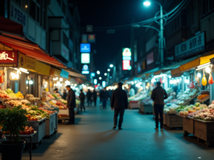 व्यस्त रात के बाजार का दृश्य