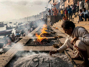 "काशी के मणिकर्णिका घाट पर चिता की राख पर लिखा 94 अंक – जीवन और मृत्यु के कर्मों का प्रतीक"