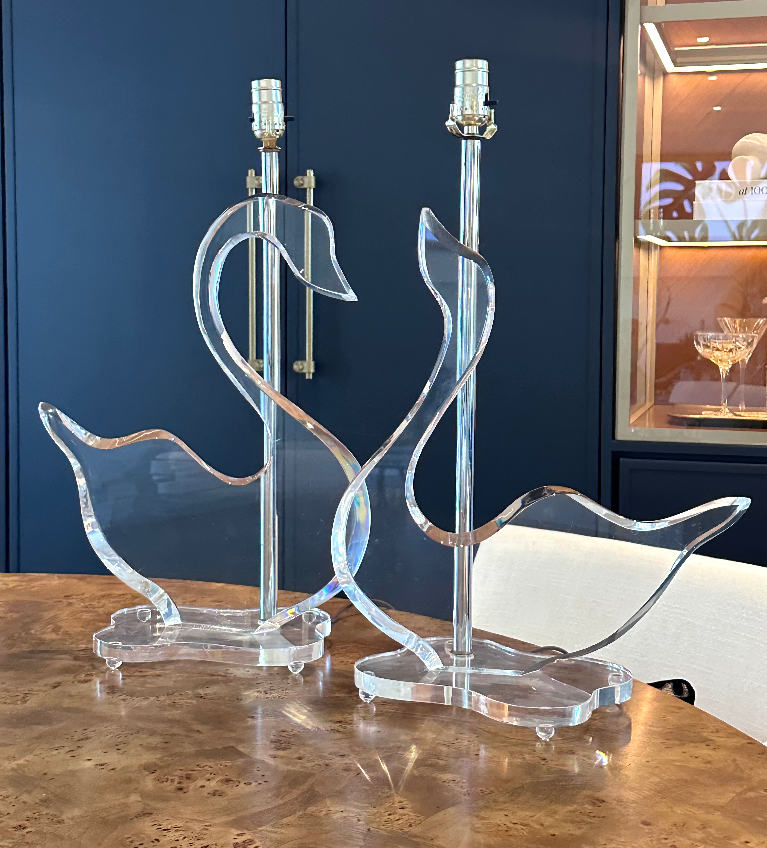 VERY Rare pair of Van Teal style thick Lucite Swan Lamps