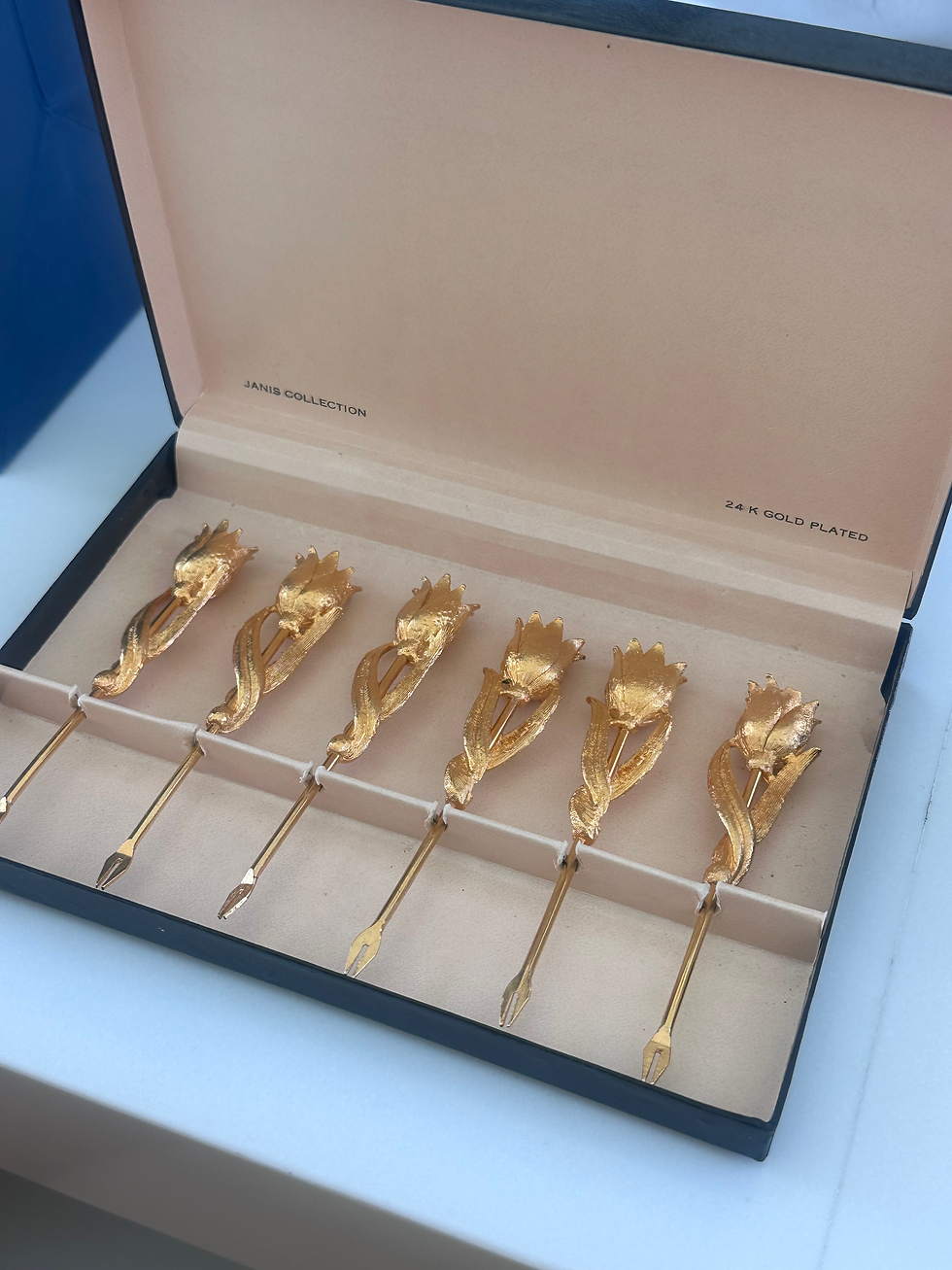 Thumbnail: Janis 24K Gold-Plated Tulip Cocktail Forks in Original Box