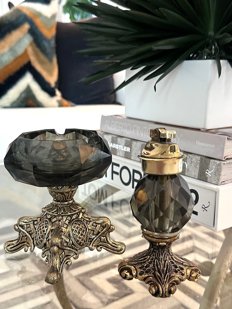 Thumbnail: Vintage Crystal & Gold plated Lighter & Ashtray
