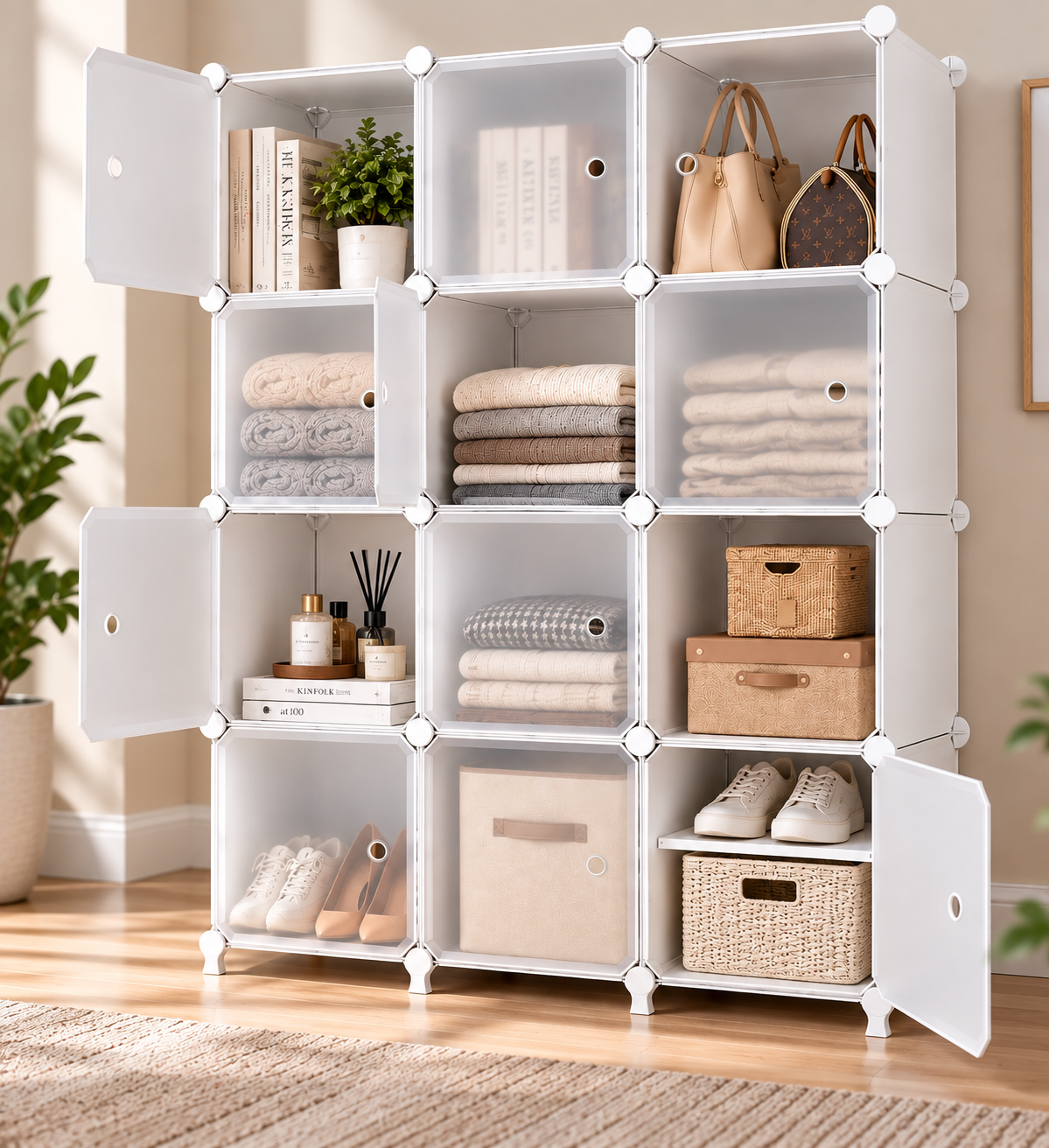 12-Cube Modular Closet Organizer with Doors – White