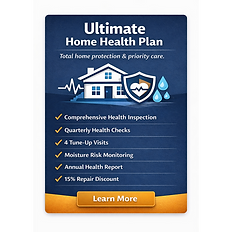 Illustration of the Hometrends Pro Ultimate Home Health Plan showing a protected home with monitoring icons, representing comprehensive home inspections, quarterly health checks, moisture risk monitoring, preventive maintenance visits, and priority repair services for total home protection.