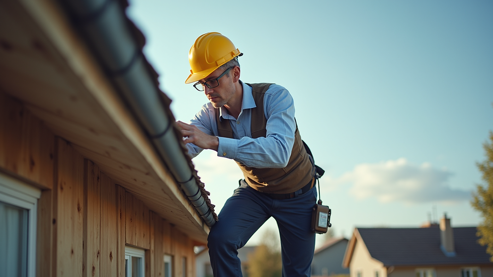 Eye-level view of a home inspector examining a roof