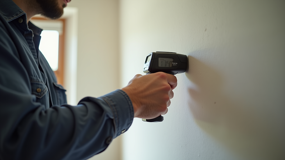 Close-up view of a home inspector using a moisture meter on a wall