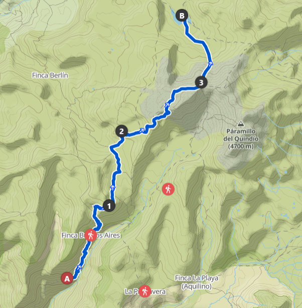 Map of hiking route in Colombia