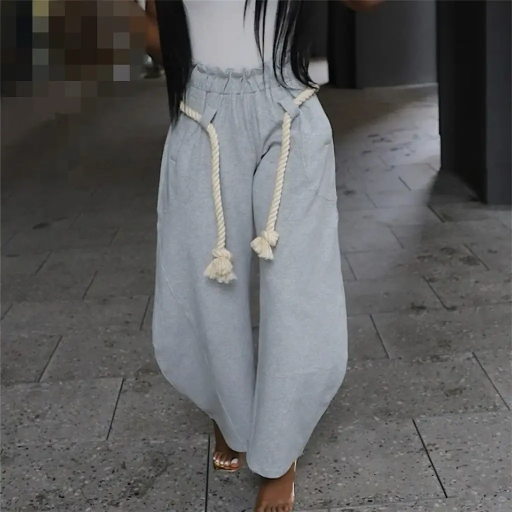 Solid Color Unique Hip Hop Women Trousers With Belt Harem Loose High Waist