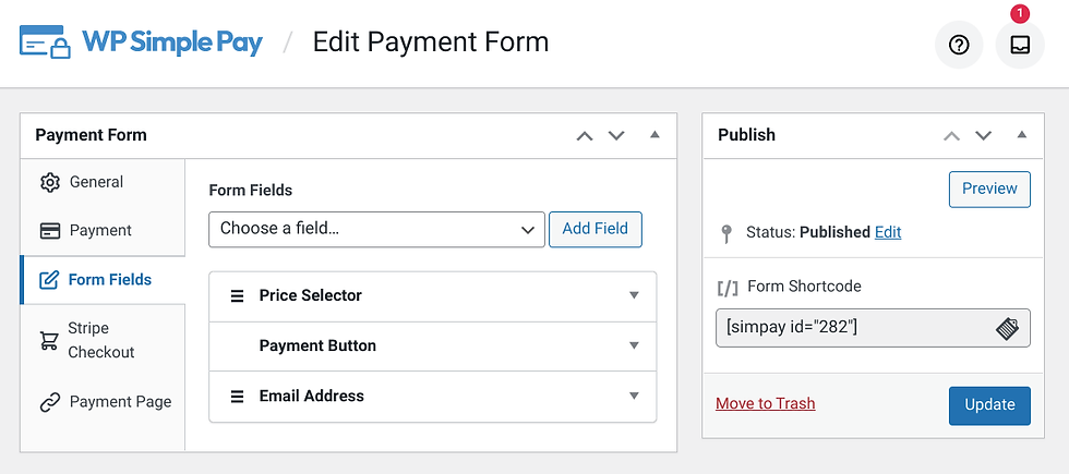 The edit payment form screen in WP Simple Pay.