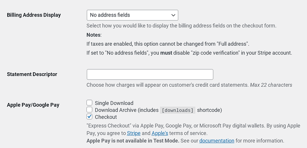 The Stripe payment gateway settings.