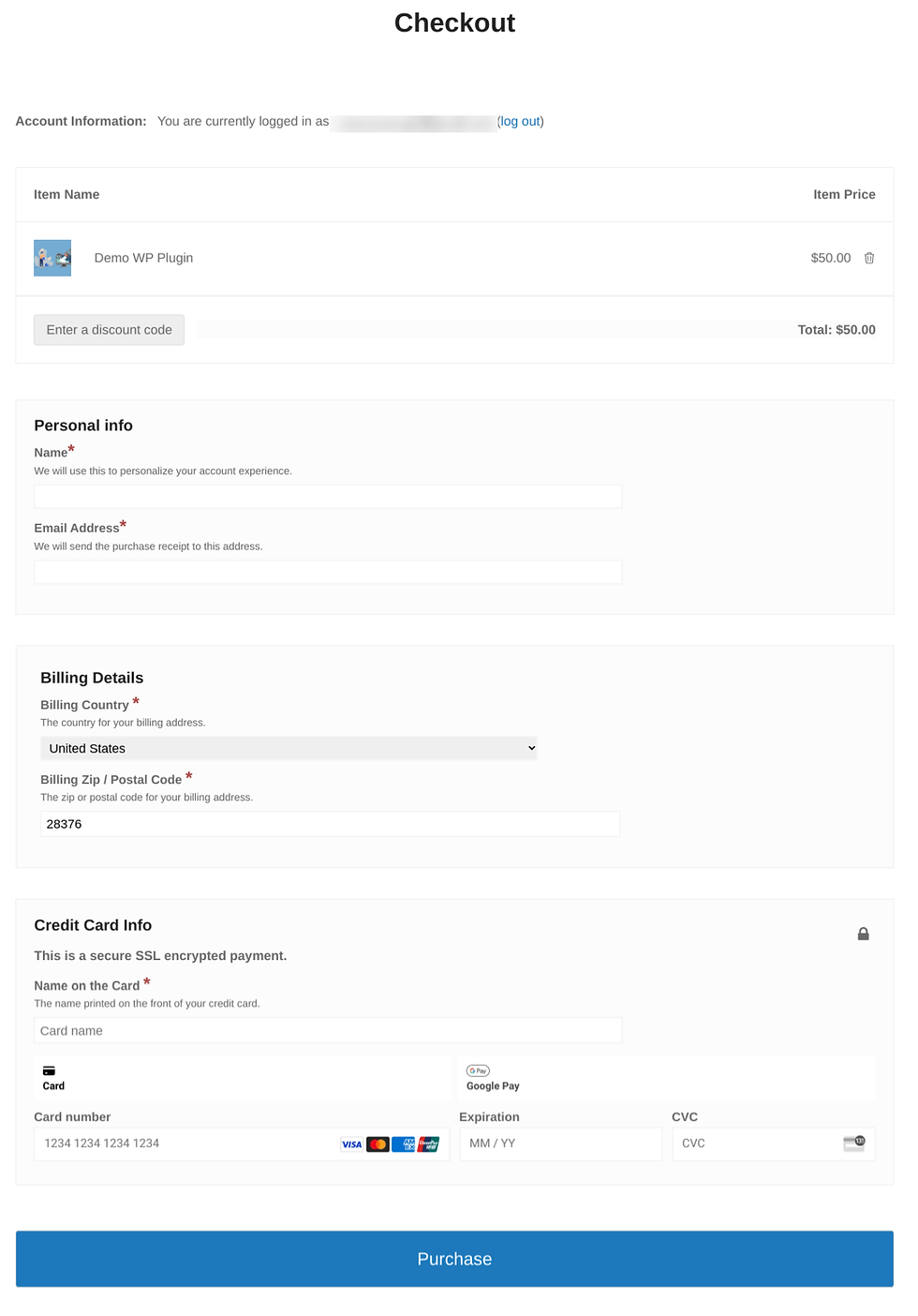 A checkout page in Easy Digital Downloads.