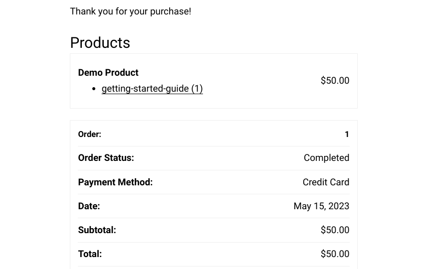 A purchase confirmation page verifying a successful Stripe test.