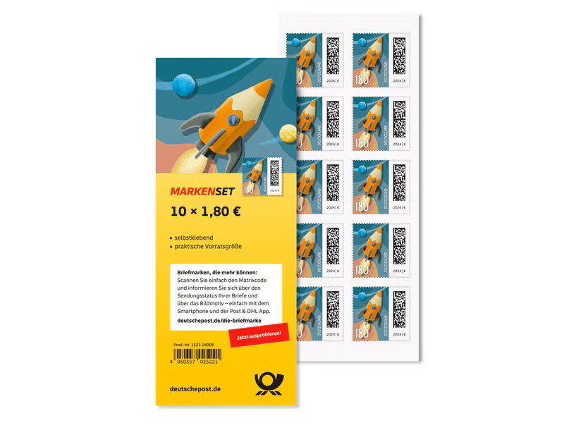 10x 1,80€ Briefmarken selbstklebend, Markenset Raketenpost