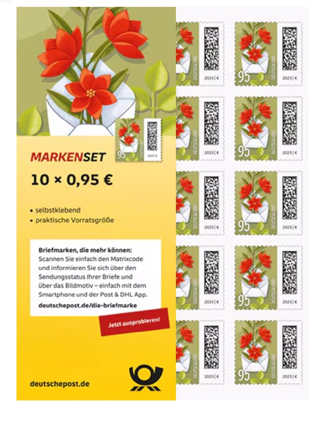 10x 0,95€ Briefmarken selbstklebend, Markenset Blumenbrief
