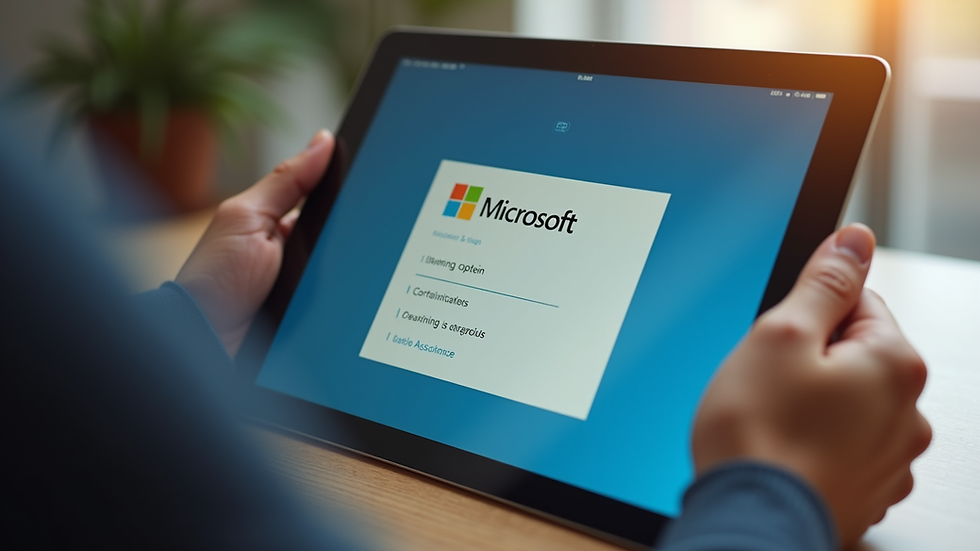 Close-up view of a hand holding a tablet displaying Microsoft licensing options