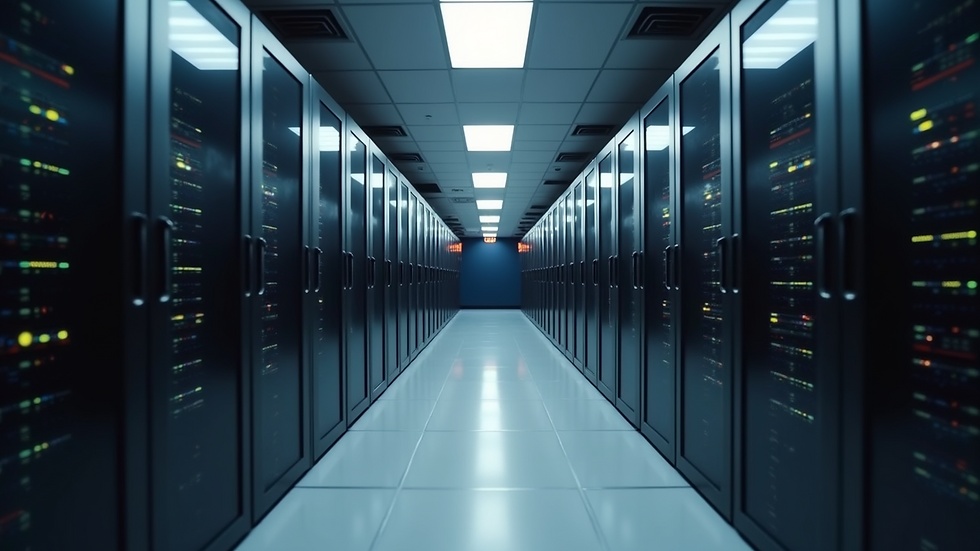 High angle view of server room with racks of servers