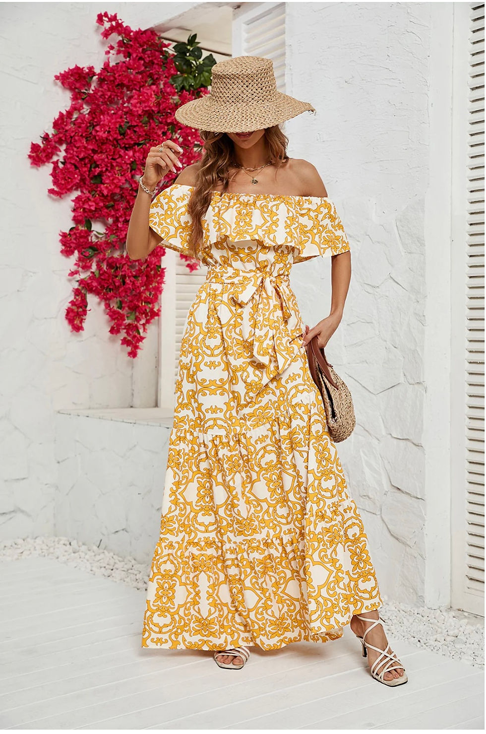 Yellow Printed Off the Shoulder Long Summer Dress