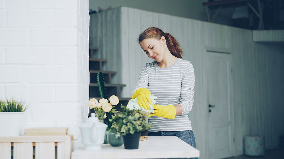 A woman wearing yellow rubber gloves is doing spring cleaning.