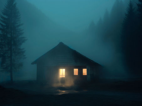 An eerie house surrounded by trees in the night fog. Three windows glow with light. Designed by Magnific.com.