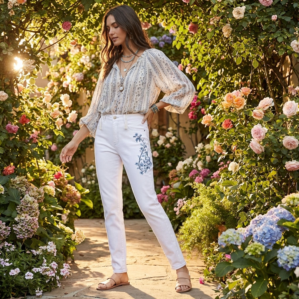 Floral Embroidered High-Waisted White Jeans