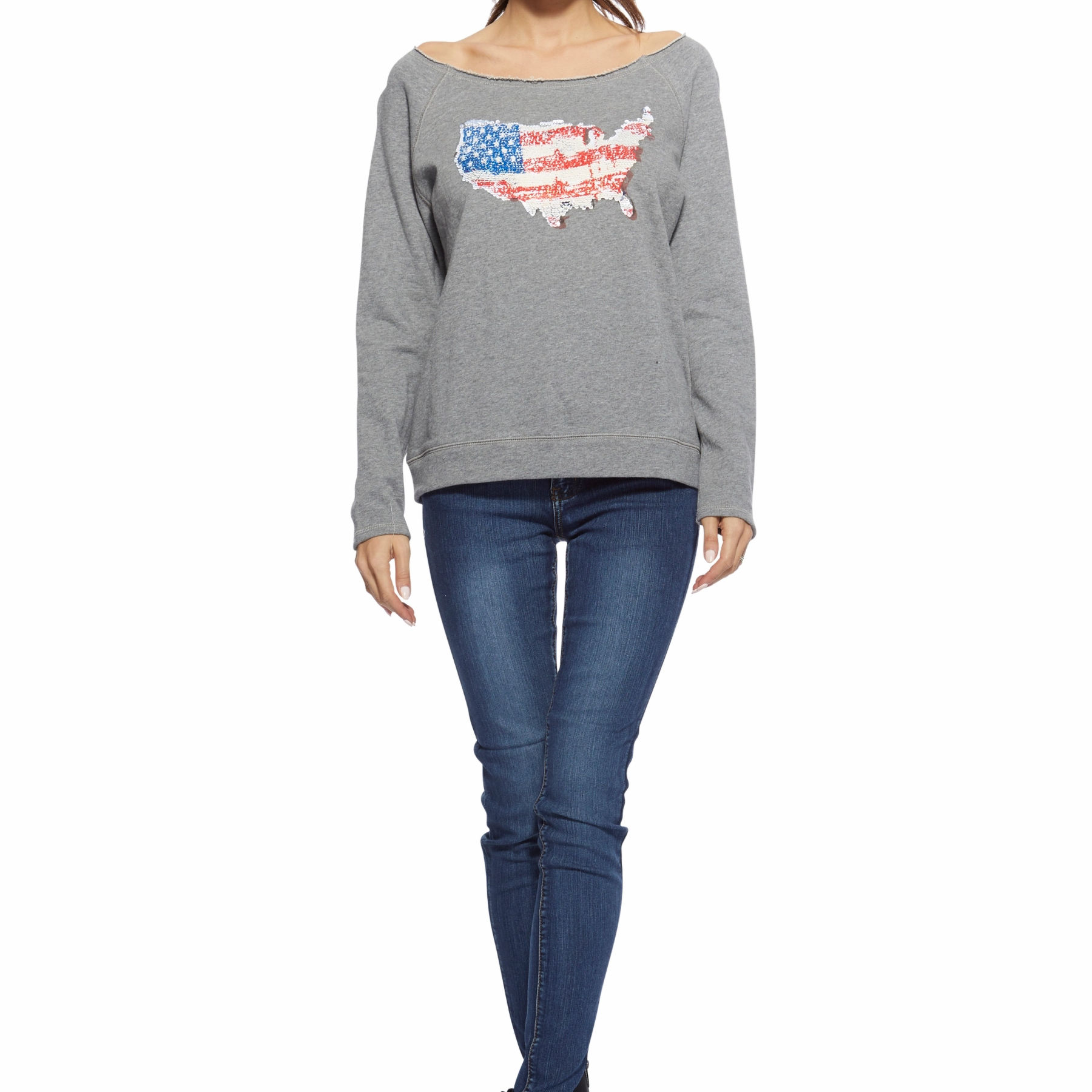 Star-Spangled Flip Sequin USA Pullover - Women’s Wide-Neck Patriotic Sweatshirt