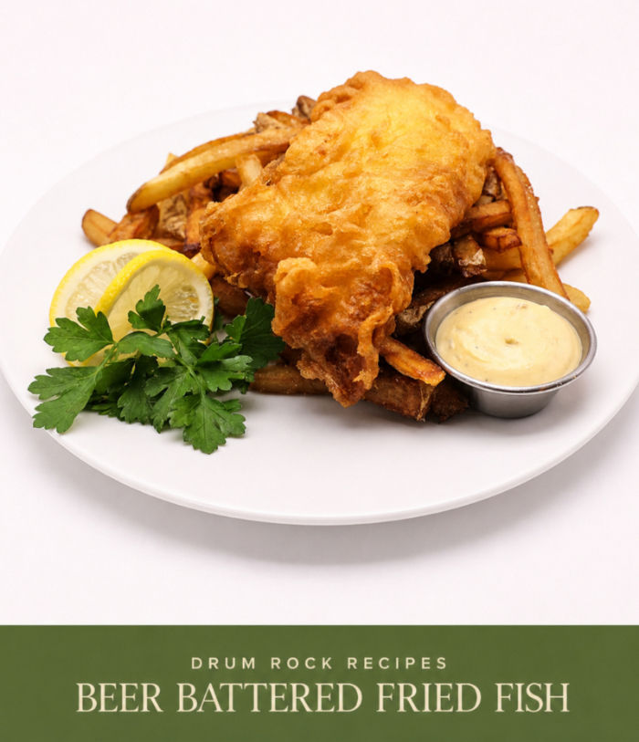fried fish with french fries, a lemon, and tartar sauce on a white plate