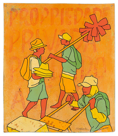 Pintura de ambulantes de praia sobre placa vernacular de propriedade privada 