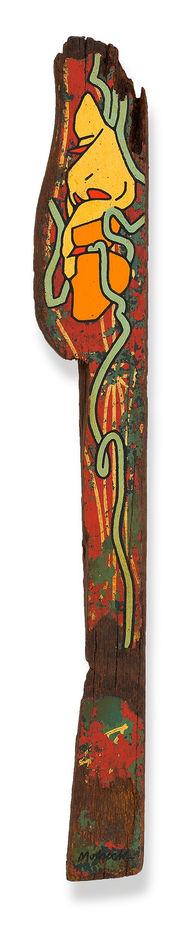 Pintura sobre pedaço de madeira de caçamba de caminhão filetada manualmente 