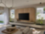 Modern wooden feature wall with TV, console, and plants.