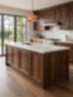 Luxury custom made kitchen with dark wood island and copper light