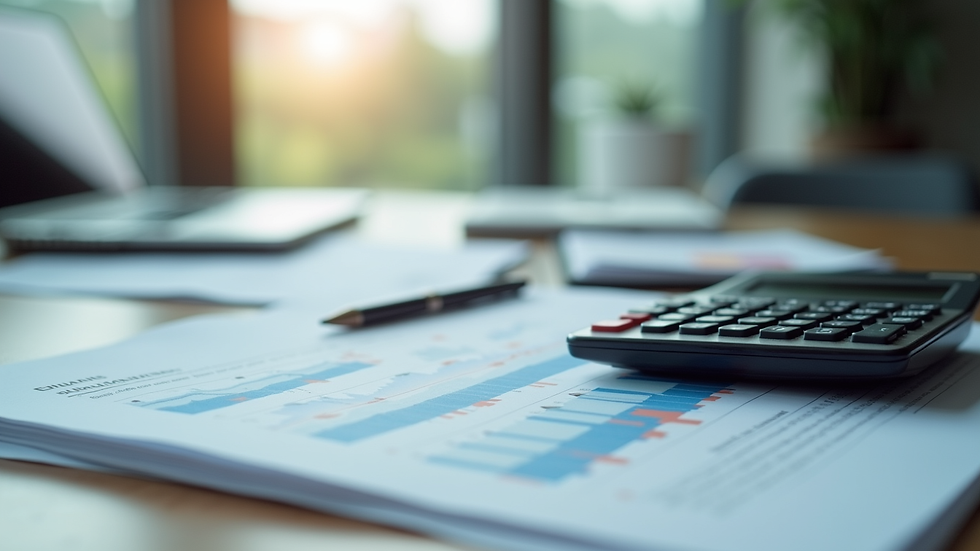 Close-up view of financial documents and calculator on office desk