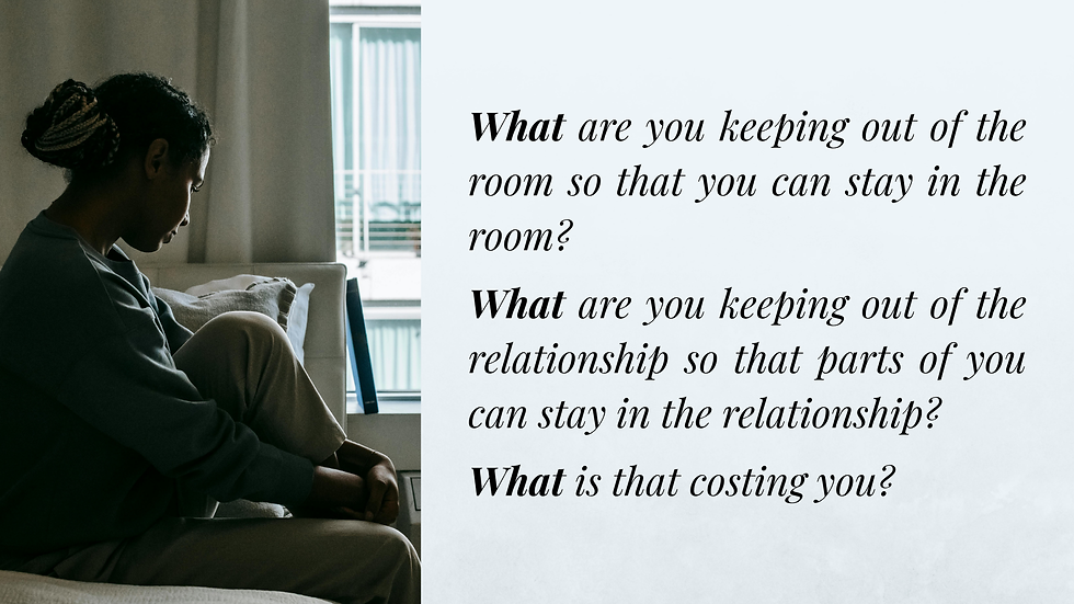 A person sits on a bed in a dim room. Text asks reflective questions about relationships. Light from window creates a contemplative mood.