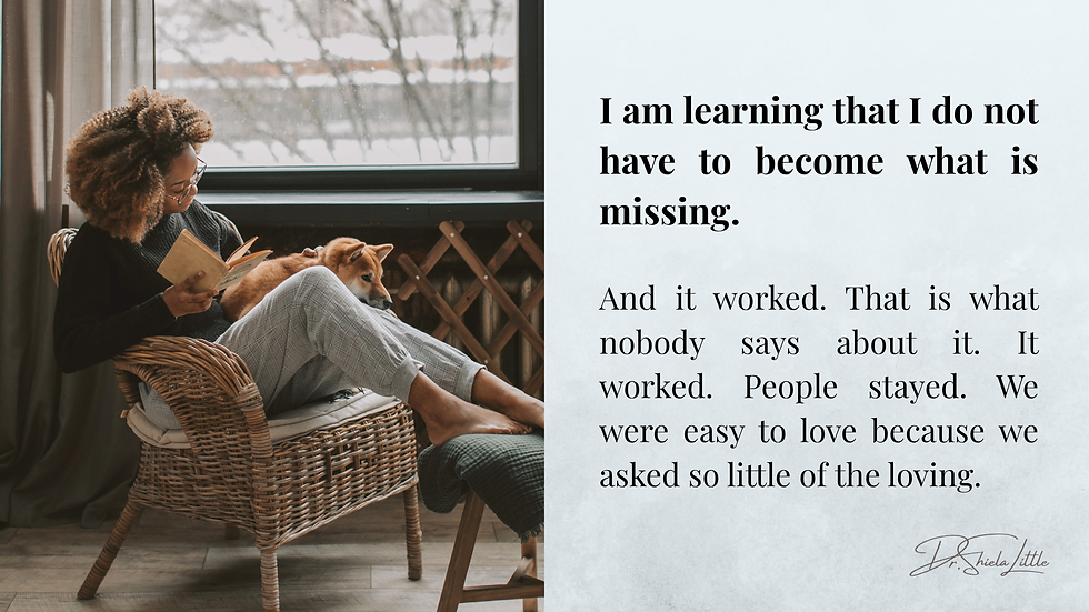 Woman reads in a wicker chair with a dog by a window; beside her is a quote about not becoming what is missing.