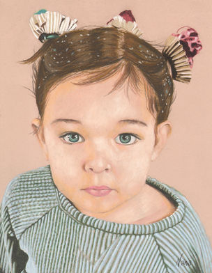 Grand daughter with cupcake buns in a blue sweater