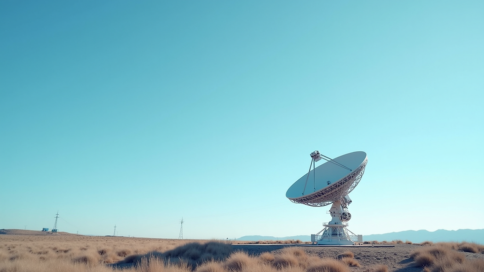 Eye-level view of a satellite dish against a clear blue sky