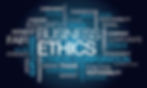 A word cloud with terms related to business ethics and corporate responsibility, emphasizing the importance of integrity, fairness, and social responsibility in corporate settings.
