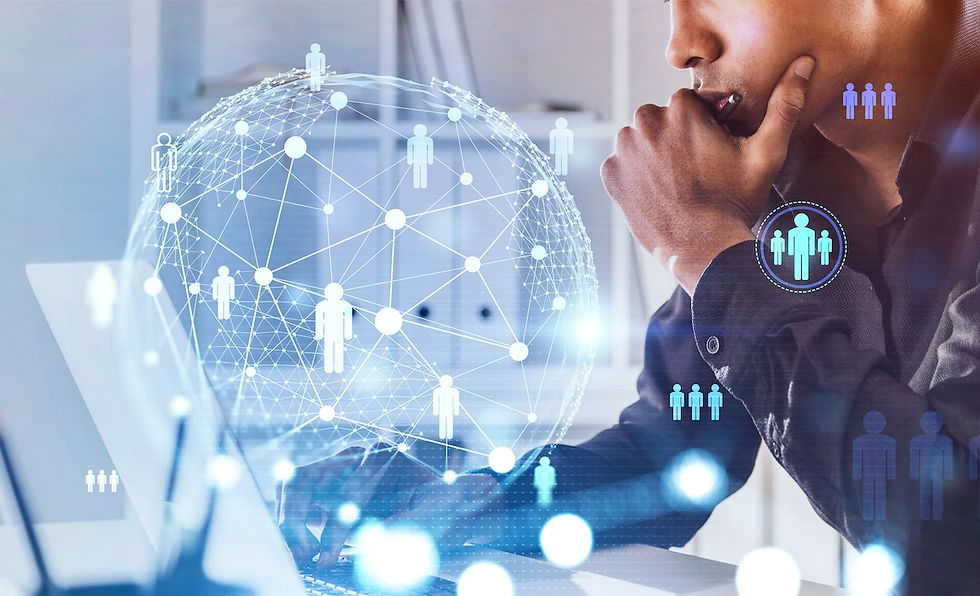 Professional studying a digital global network interface, symbolizing interconnected human resources and modern networking strategies.
