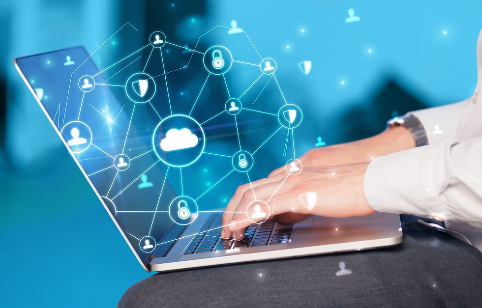 Person using a laptop with a network of icons representing centralized communication and collaboration in a digital environment.