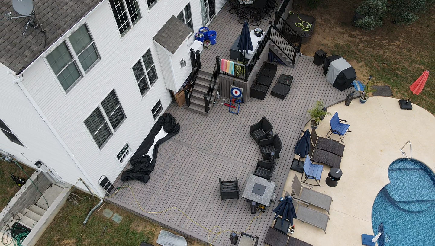Arial view of a new deck with furniture on it