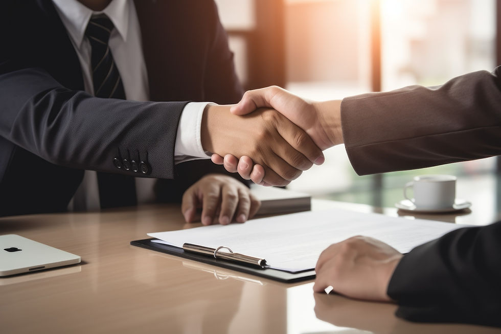 Business transaction with two people shaking hands while sitting at a table.