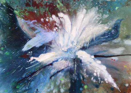 Poetic and unique large abstract painting with a peacock in the middle, dreamy and beautiful, schön und kräftig, mit einer Pfau, blau und weiß, kosmisch, galactic, deep and meaningful abstract artwork on canvas, with birds and wings, freedom, free art, junge Kunst