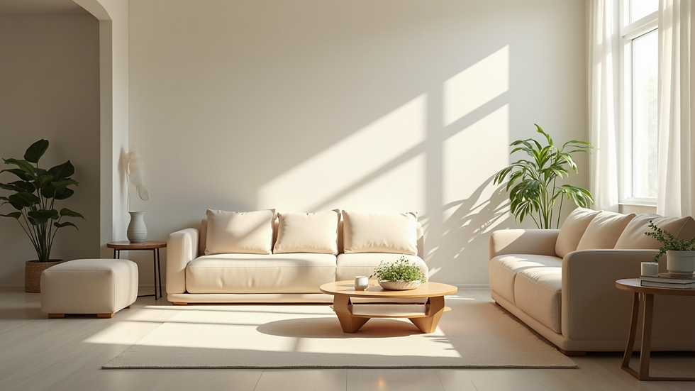 Eye-level view of a bright, clean living room with natural sunlight