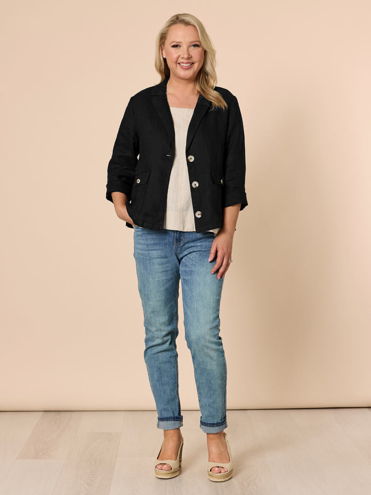 Thumbnail: Danielle Cropped Linen Jacket - Black
