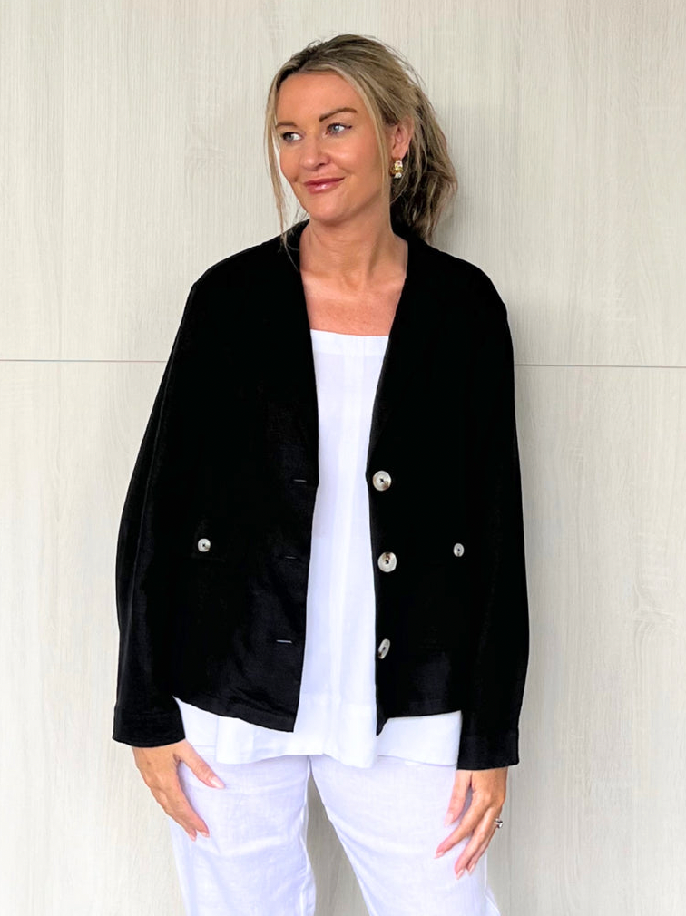 Thumbnail: Danielle Cropped Linen Jacket - Black