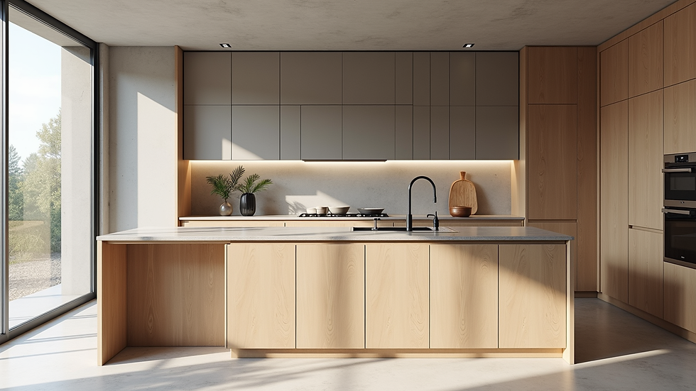 Wide angle view of a spacious kitchen with custom cabinetry and modern appliances