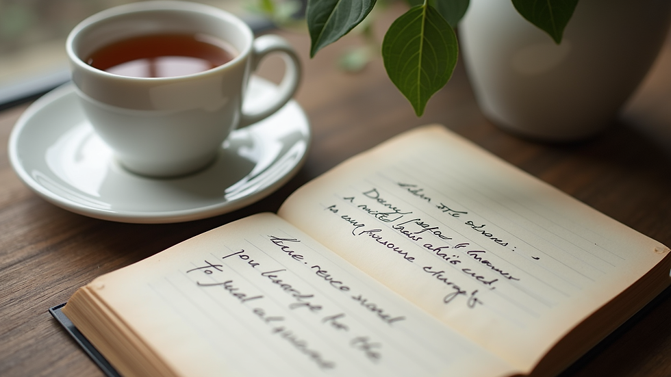 Close-up view of a poetry journal with handwritten lines and a cup of tea