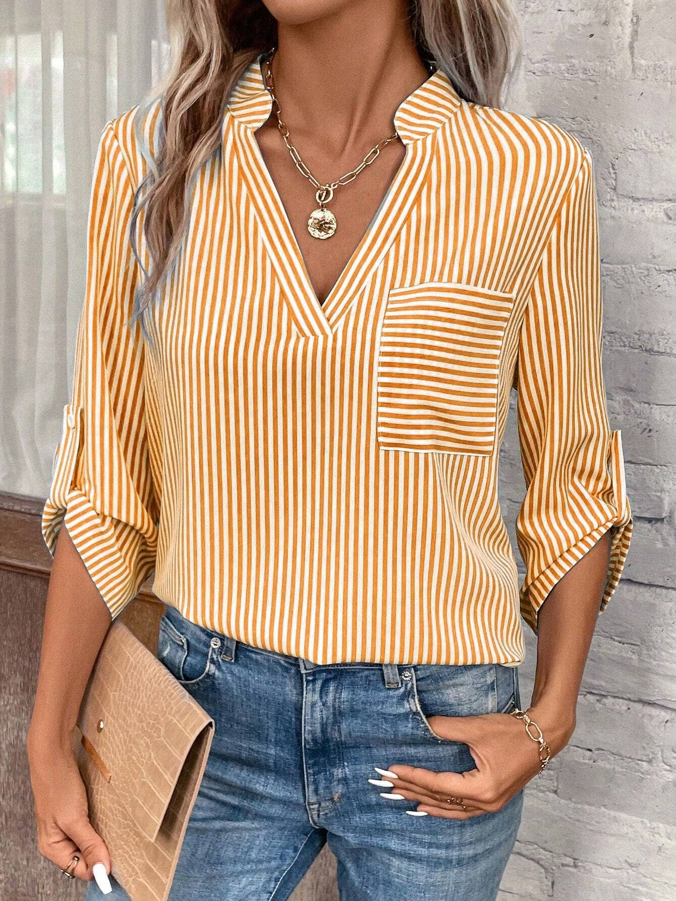 V-Neck Pullover Stripe Print Top