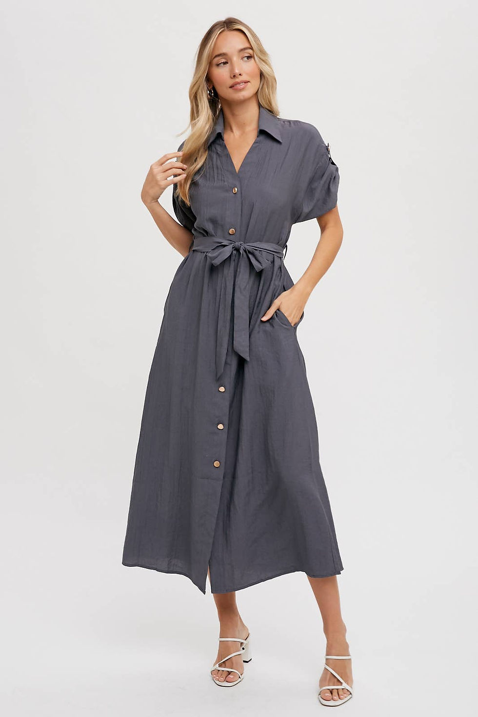 Thumbnail: Roll-Tab Sleeve Belted Shirt Dress