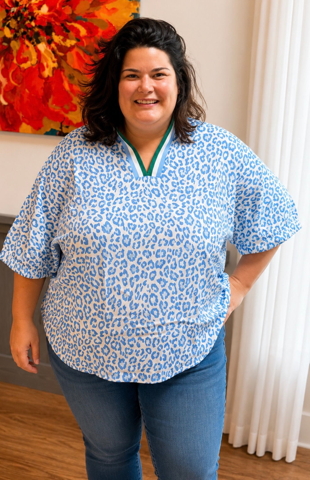 Curvy Leopard & Stripe V-Neck Blouse