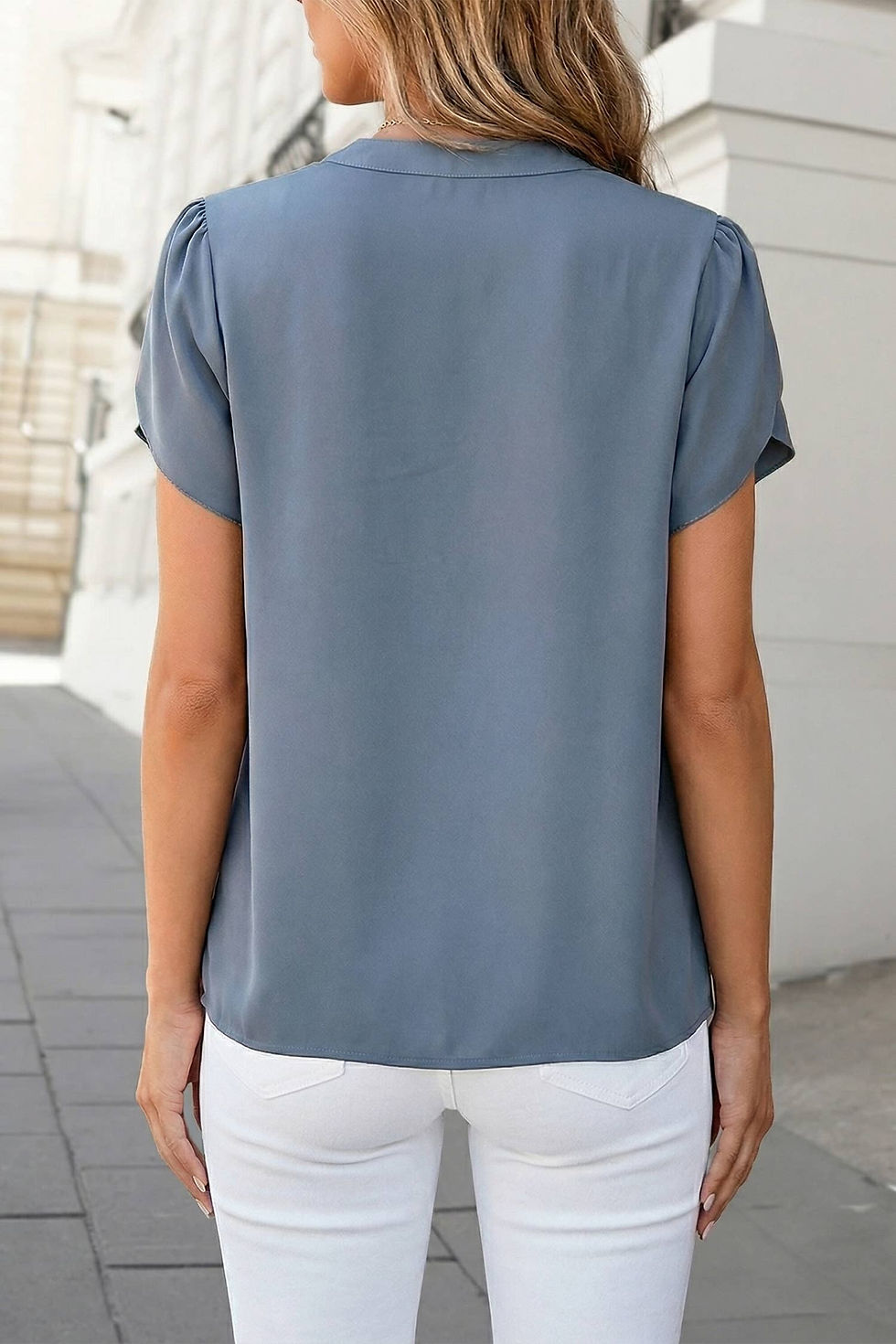 Thumbnail: Solid V Neck Short Sleeve Blouse