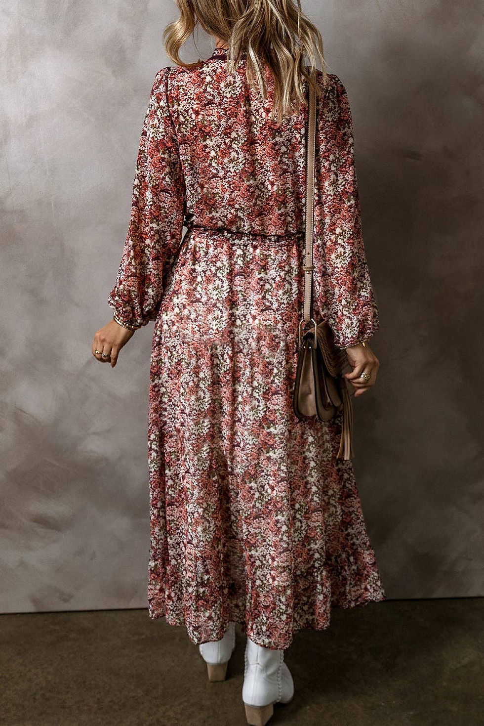 Thumbnail: Floral Print Split Front Tiered Frilled V Neck Midi Dress